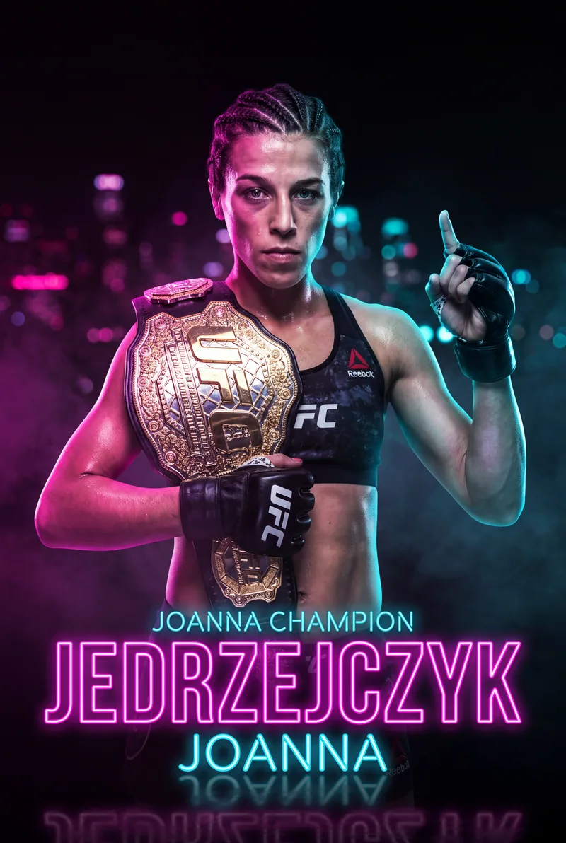 Joanna Jedrzejczyk — One finger raised beside her face, lit in neon