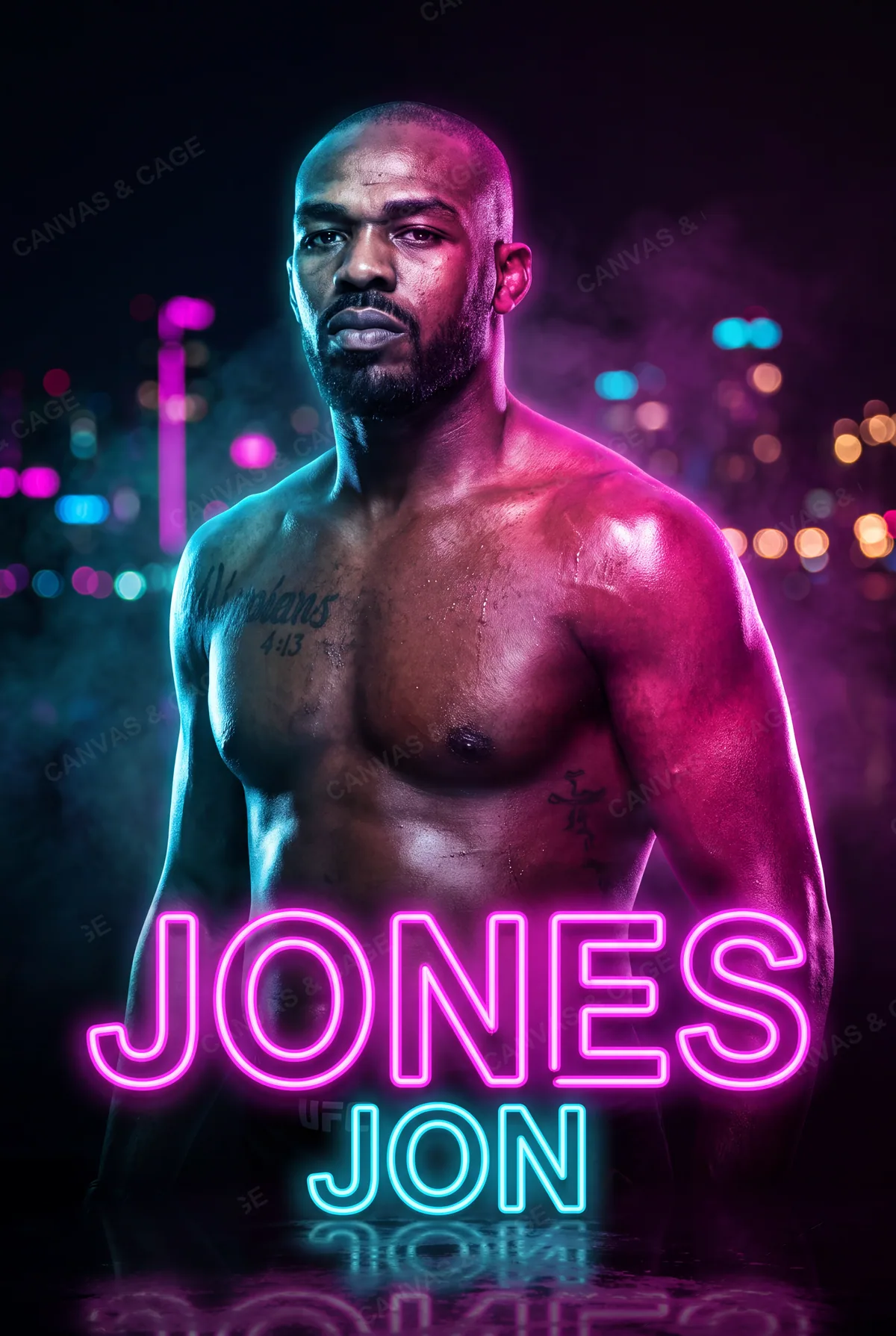 Jon Jones — Squared to the camera under the neon, city lights behind
