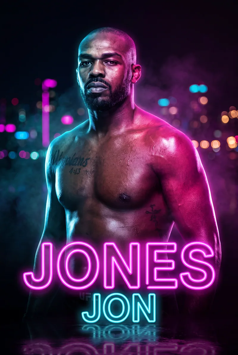 Jon Jones — Squared to the camera under the neon, city lights behind