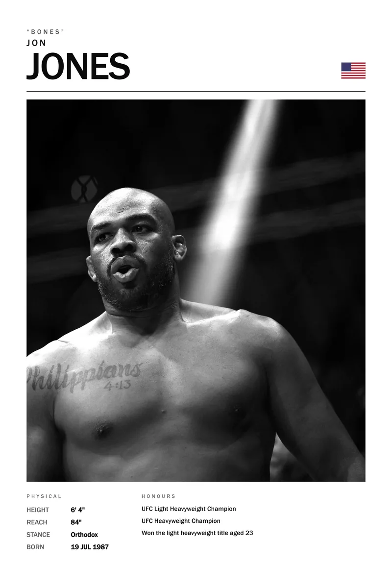 Jon Jones — Mouth open in the dark, one hard shaft of light behind
