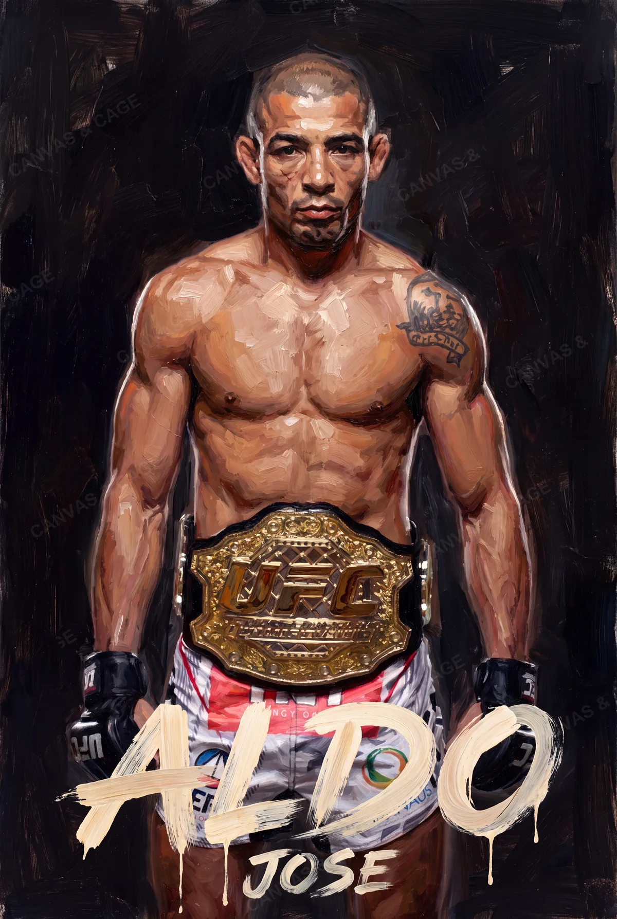 Jose Aldo — The belt strapped on, gloves down at his sides