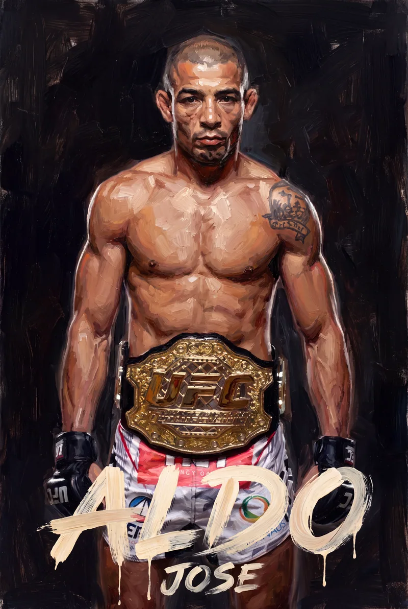 Jose Aldo — The belt strapped on, gloves down at his sides