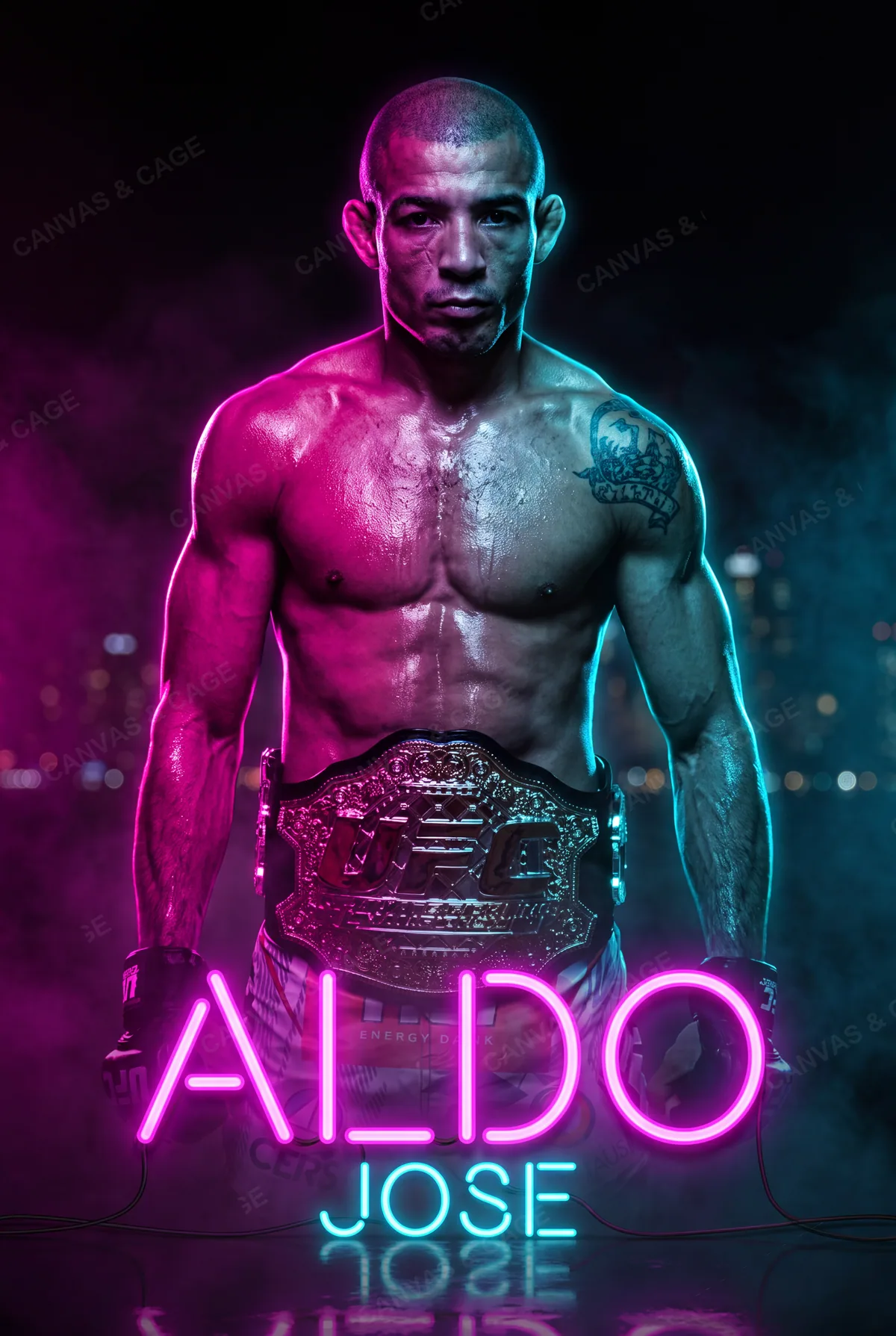 Jose Aldo — Belt at the waist, lit in magenta and cyan