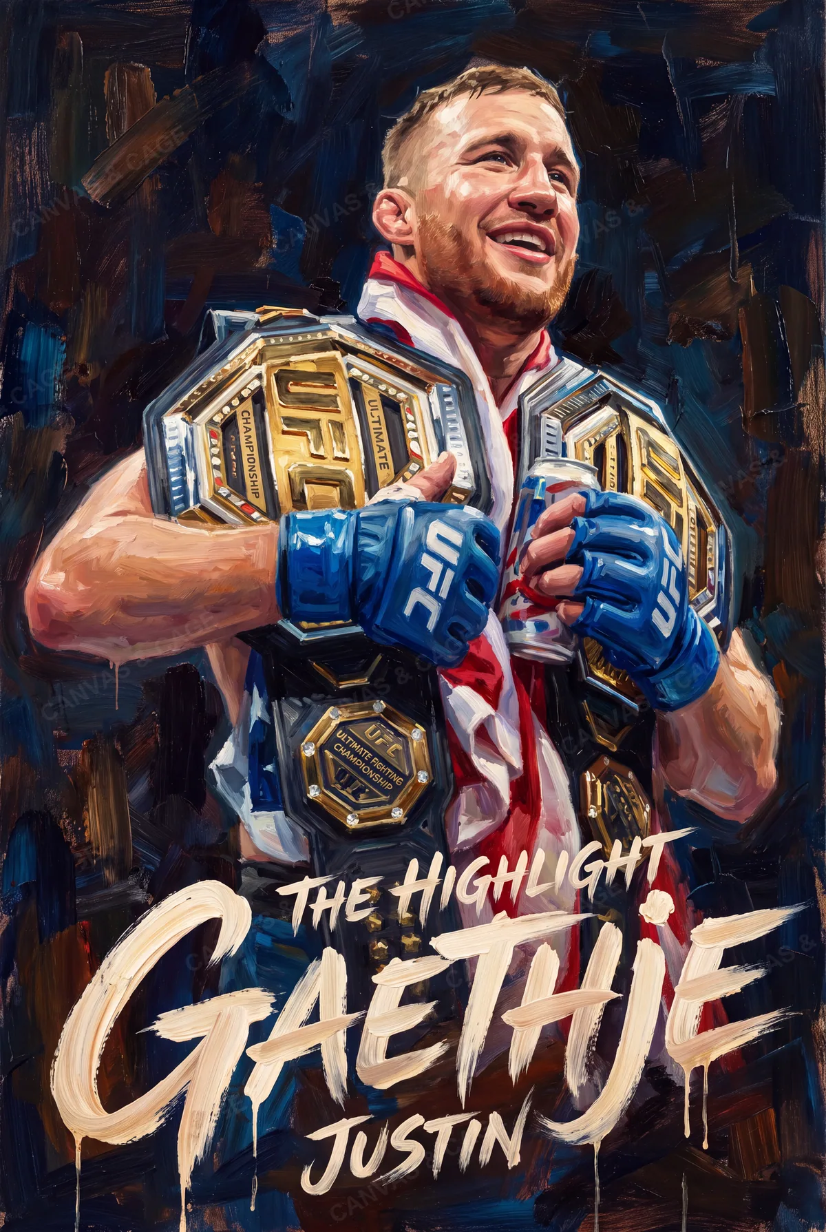 Justin Gaethje — Both belts up, flag around his shoulders, grinning wide