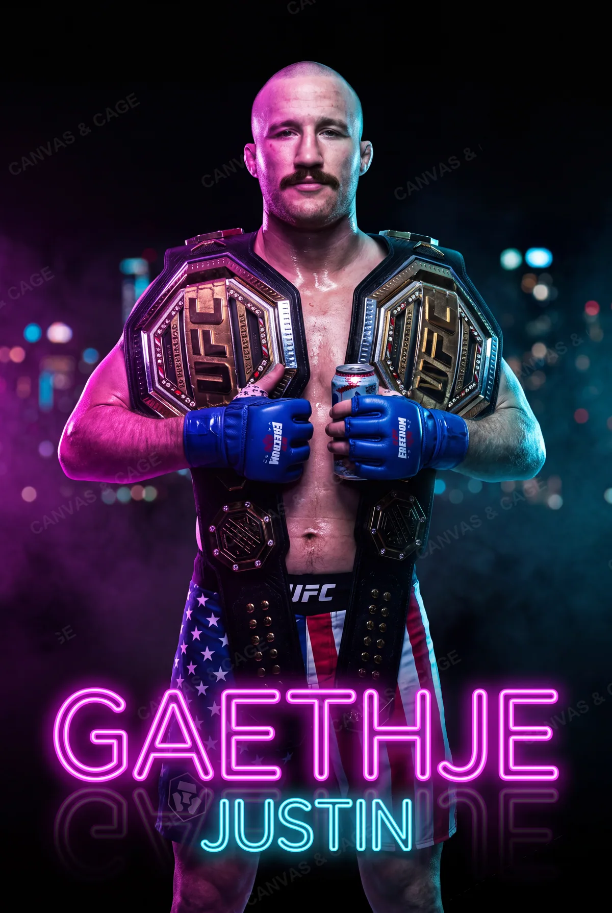Justin Gaethje — Standing in neon with a belt over each shoulder
