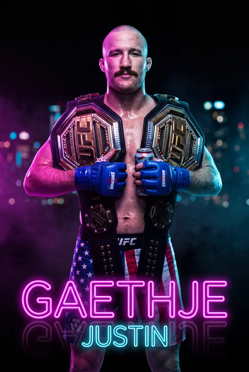 Justin Gaethje — Standing in neon with a belt over each shoulder