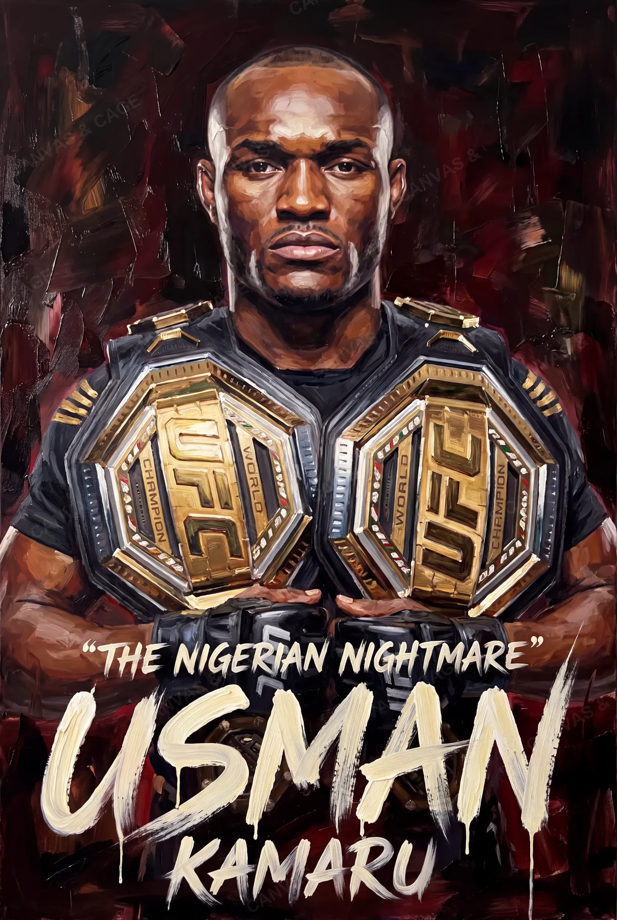 Kamaru Usman — Painted in his stance, gloves raised, chin down