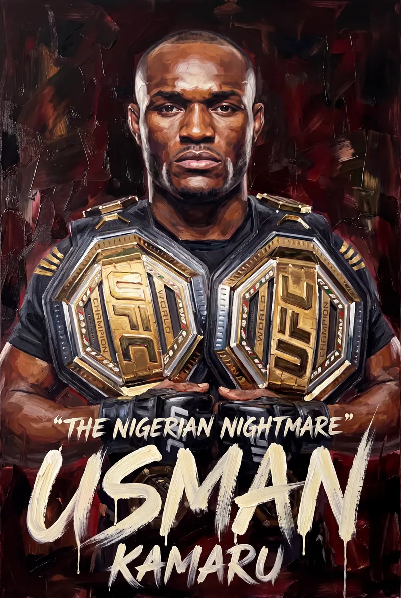 Kamaru Usman — Painted in his stance, gloves raised, chin down