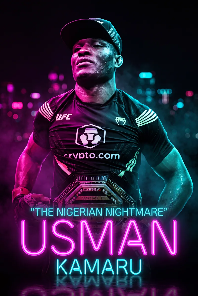 Kamaru Usman — Guard up under the neon, city lights behind him