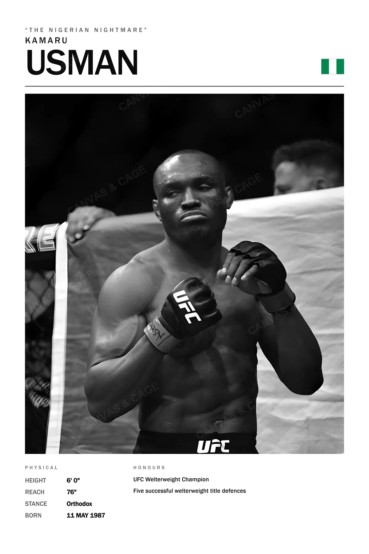 Kamaru Usman — Gloves up and jaw set, sweat on his shoulders