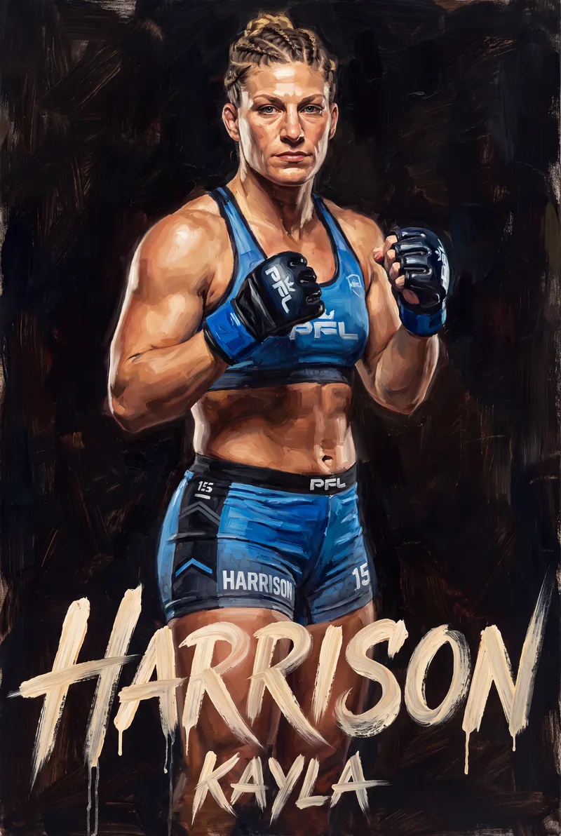 Kayla Harrison — Fists raised, squared up, staring straight down the lens