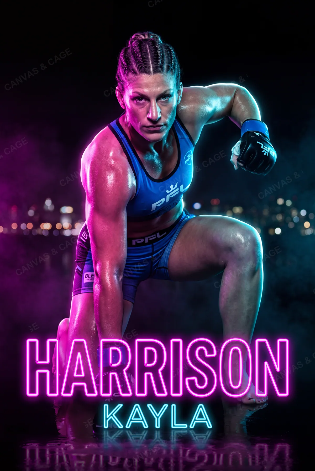 Kayla Harrison — Crouched low, one hand on the floor, eyes up