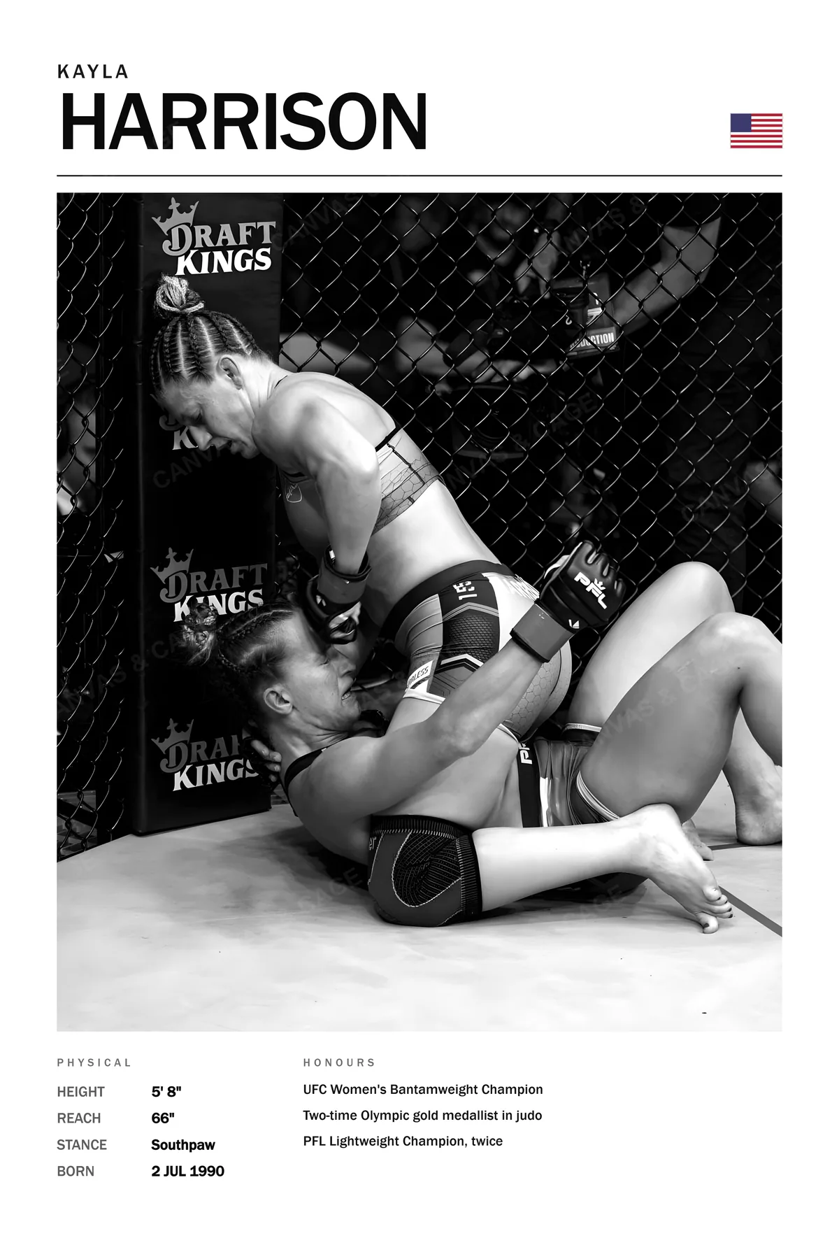 Kayla Harrison — On top against the fence, the opponent on her back