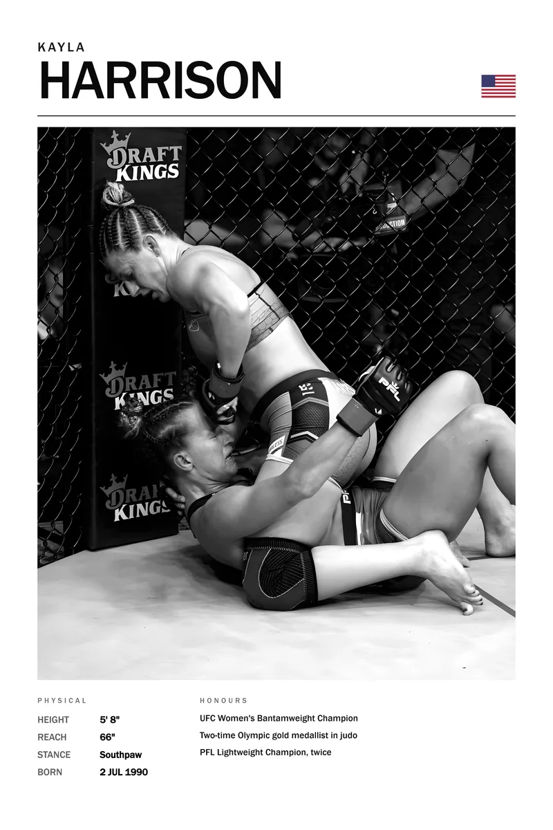Kayla Harrison — On top against the fence, the opponent on her back
