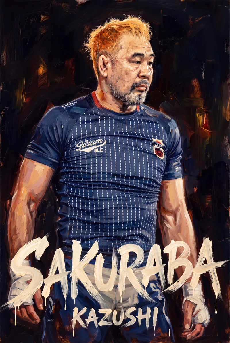 Kazushi Sakuraba — Taped hands hanging, eyes off to the side