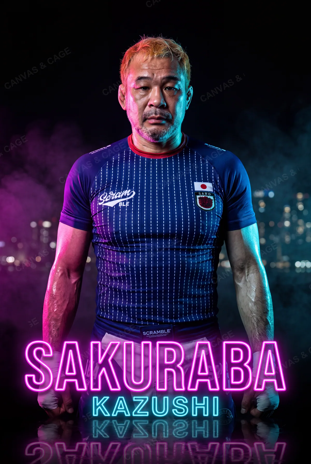 Kazushi Sakuraba — Taped hands and the Japan patch, lit in neon