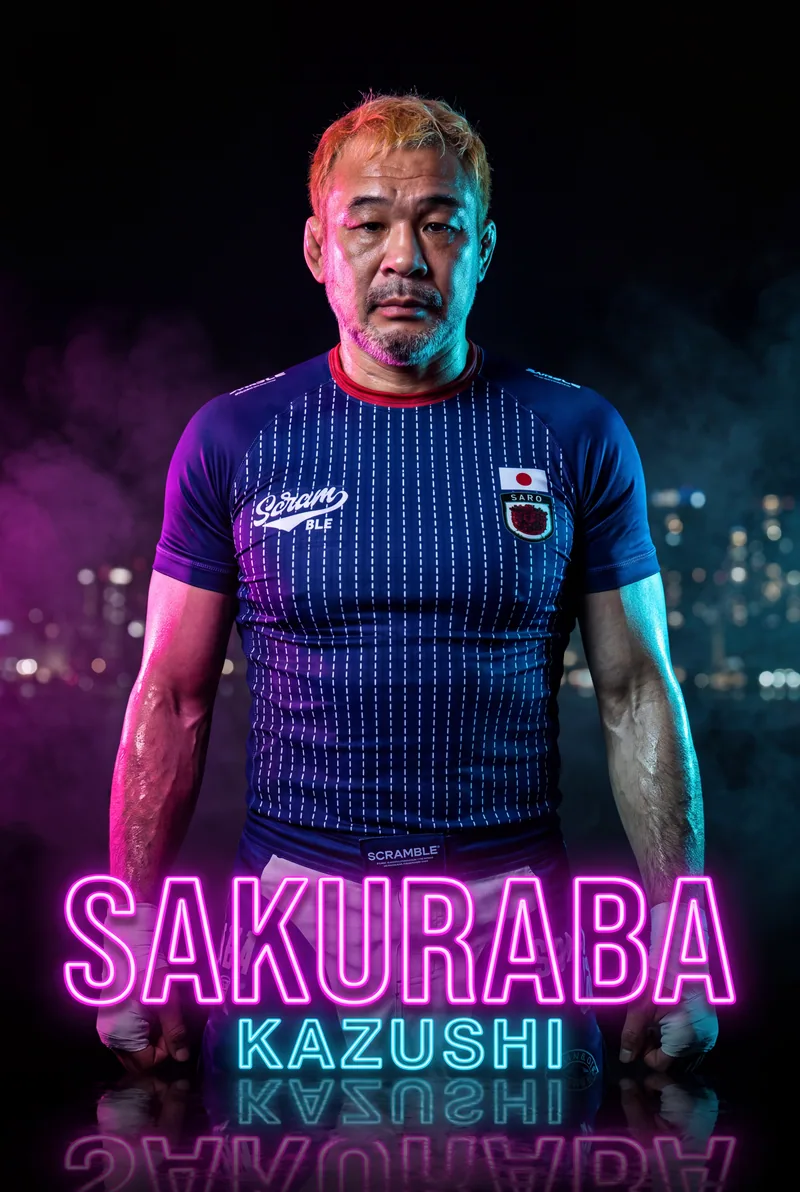 Kazushi Sakuraba — Taped hands and the Japan patch, lit in neon