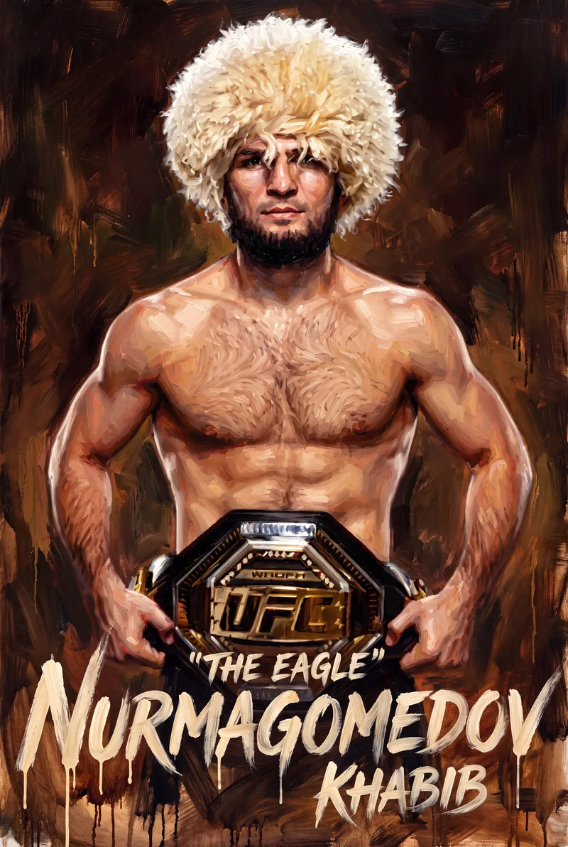 Khabib Nurmagomedov — The papakha on, the belt held at the waist