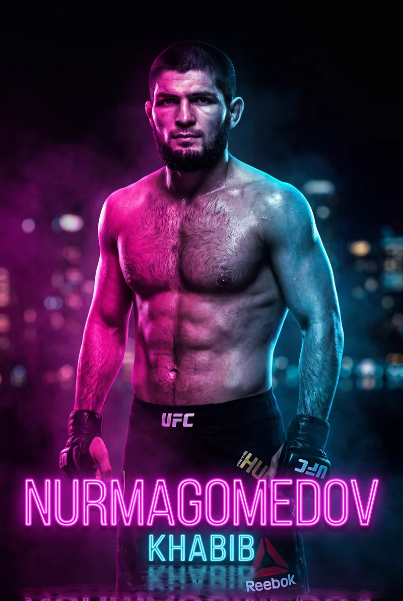 Khabib Nurmagomedov — Standing in the neon, gloves down at his sides