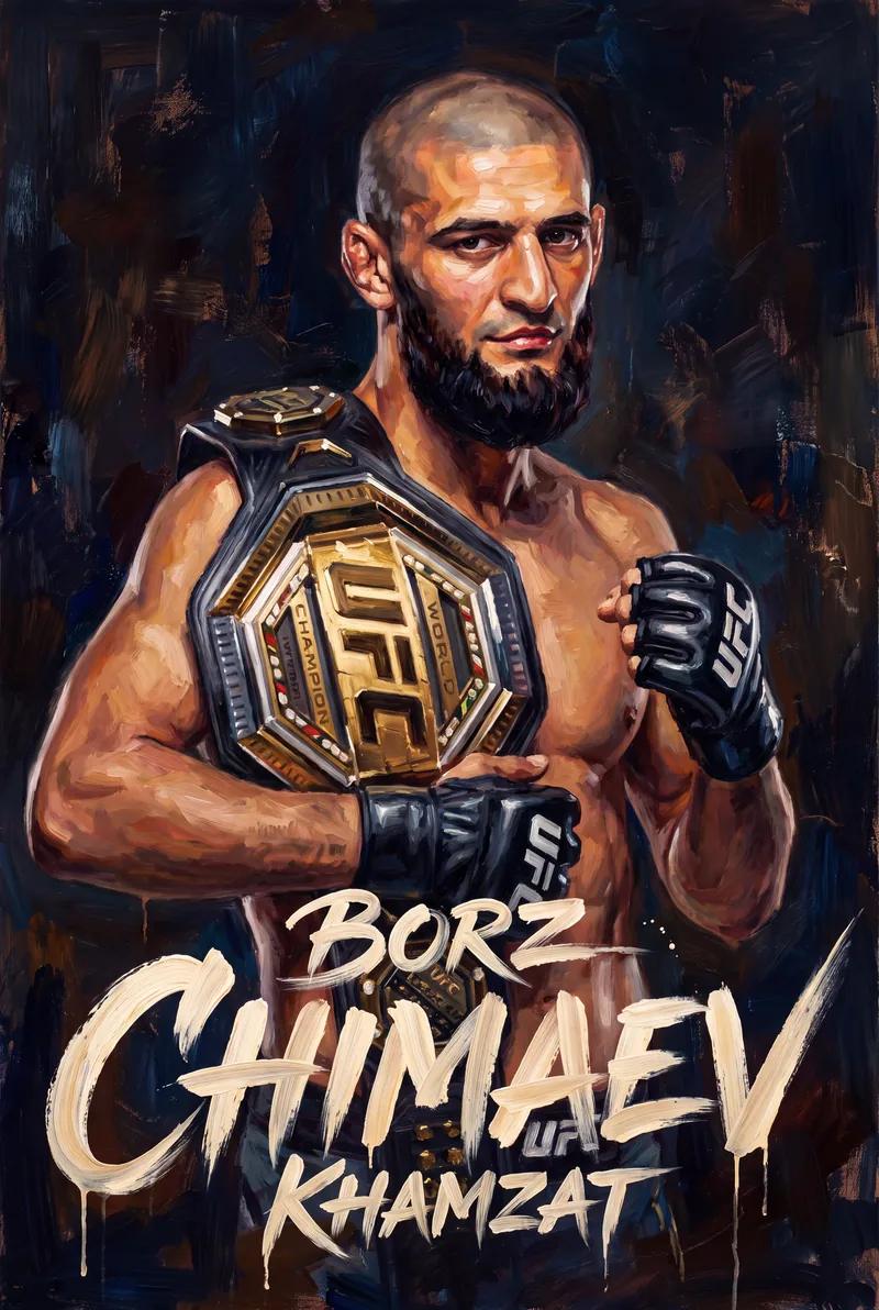 Khamzat Chimaev — The belt over one shoulder, gloved fist raised