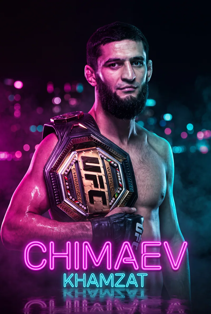Khamzat Chimaev — The belt across one shoulder, magenta and cyan