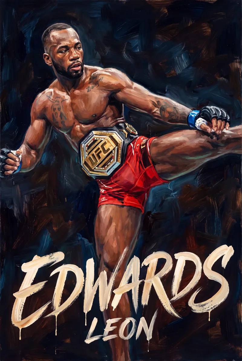 Leon Edwards — Painted mid-kick, the belt strapped round his waist