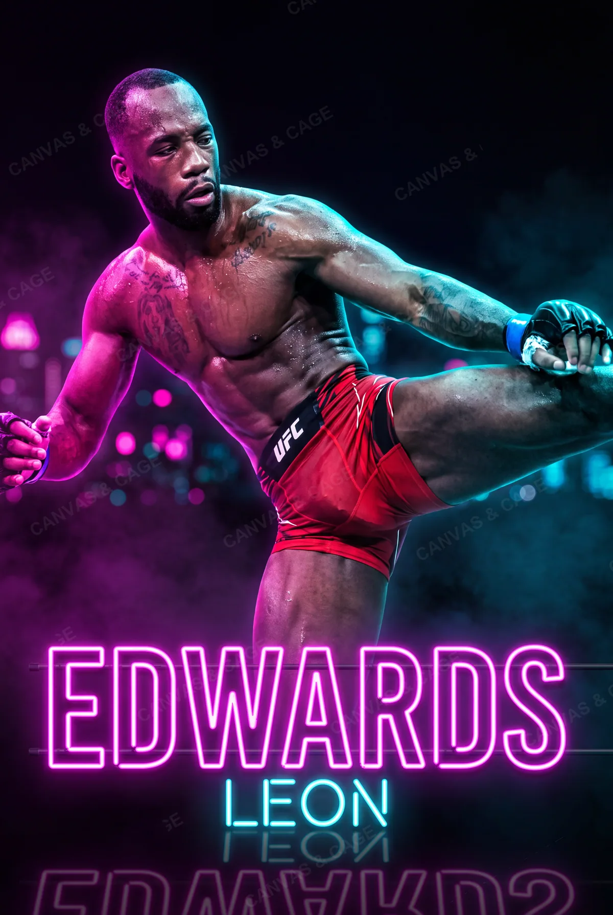 Leon Edwards — Leg extended in the kick, neon city behind