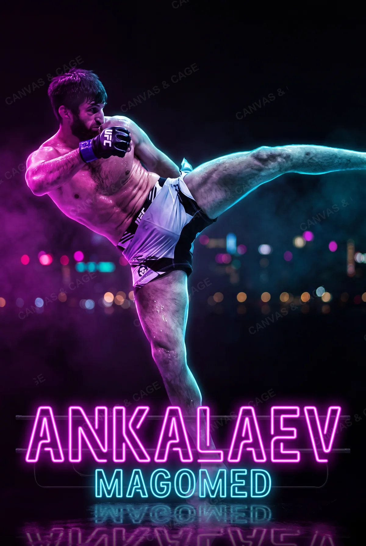 Magomed Ankalaev — Kicking high through the neon, glove pressed to his chin