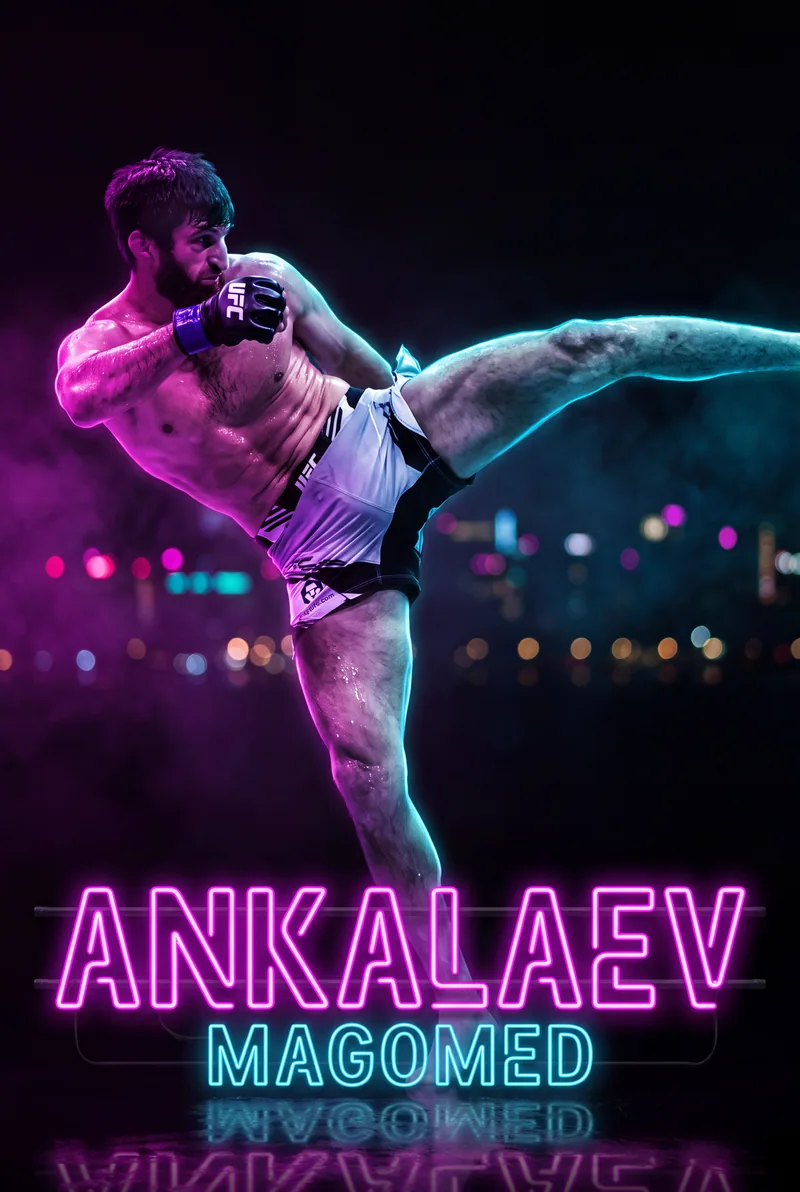 Magomed Ankalaev — Kicking high through the neon, glove pressed to his chin