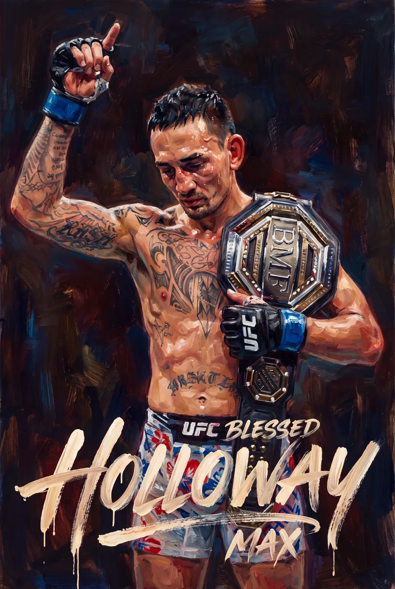 Max Holloway — Gloves touched together, the Polynesian ink across the chest