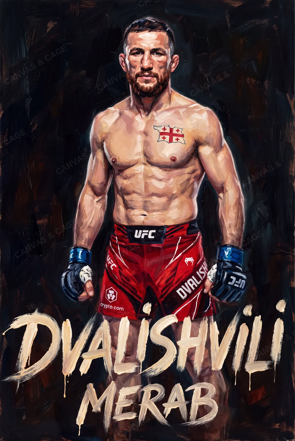 Merab Dvalishvili — Painted standing square, Georgian flag on his chest, red shorts