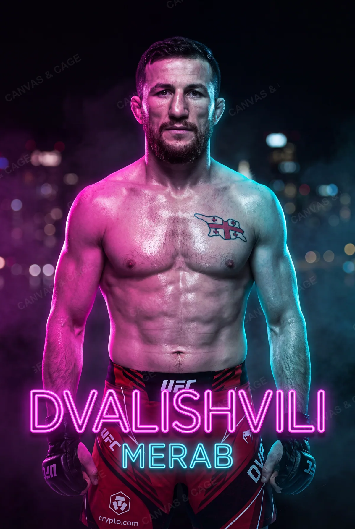 Merab Dvalishvili — Still under the neon, gloves down, jaw set
