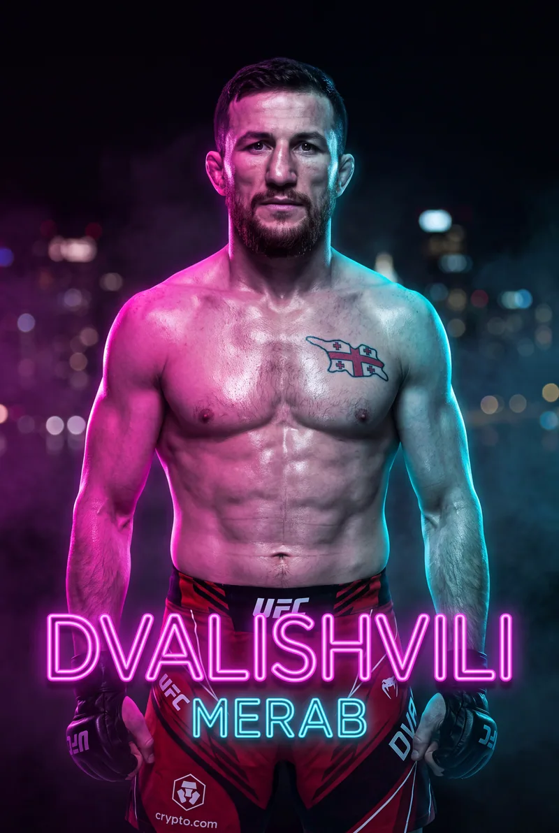 Merab Dvalishvili — Still under the neon, gloves down, jaw set