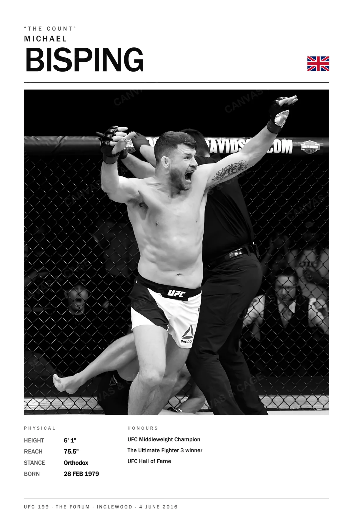 Michael Bisping — Arms flung wide, roaring in the cage, UFC 199