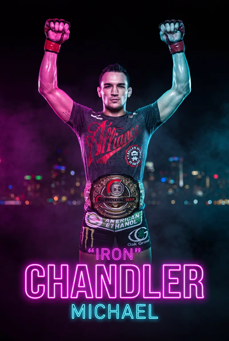 Michael Chandler — Lit up in neon, gloves on, city behind him