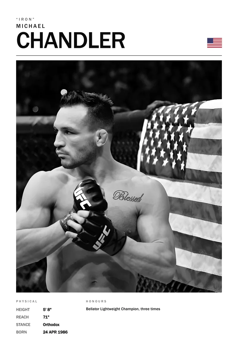Michael Chandler — Hands up in the cage, the flag hanging behind him