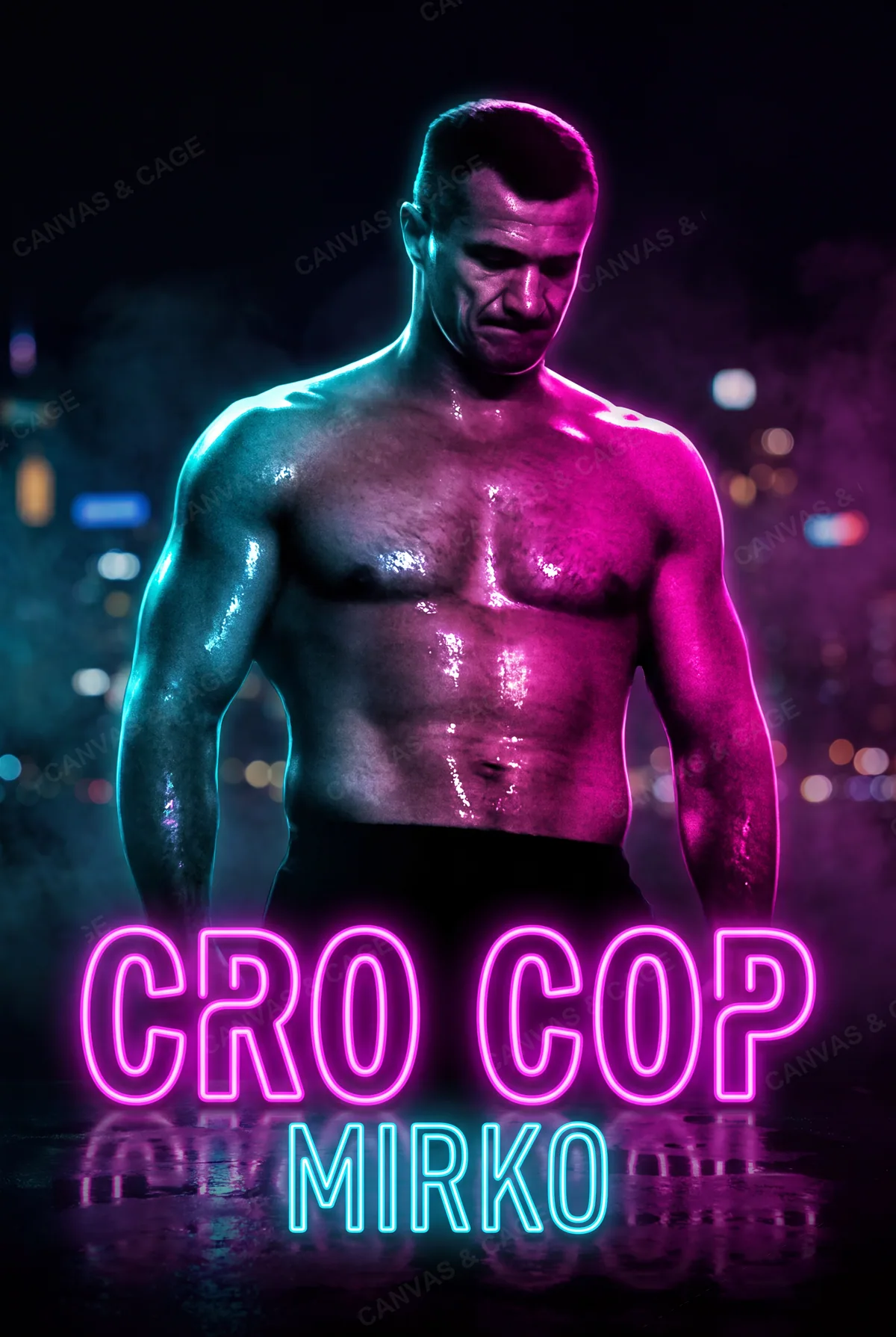 Mirko Cro Cop — Head lowered under magenta and cyan, city lights behind