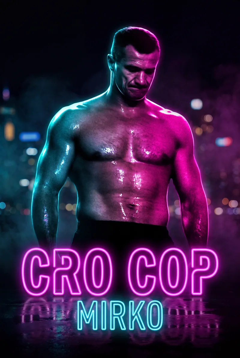Mirko Cro Cop — Head lowered under magenta and cyan, city lights behind