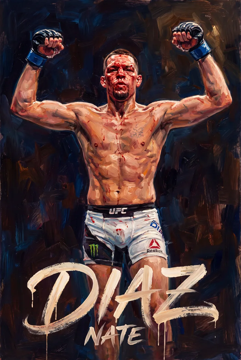 Nate Diaz — Both fists raised, blood running down his face
