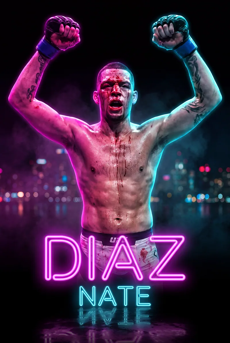 Nate Diaz — Both arms up, bloodied, city neon behind him