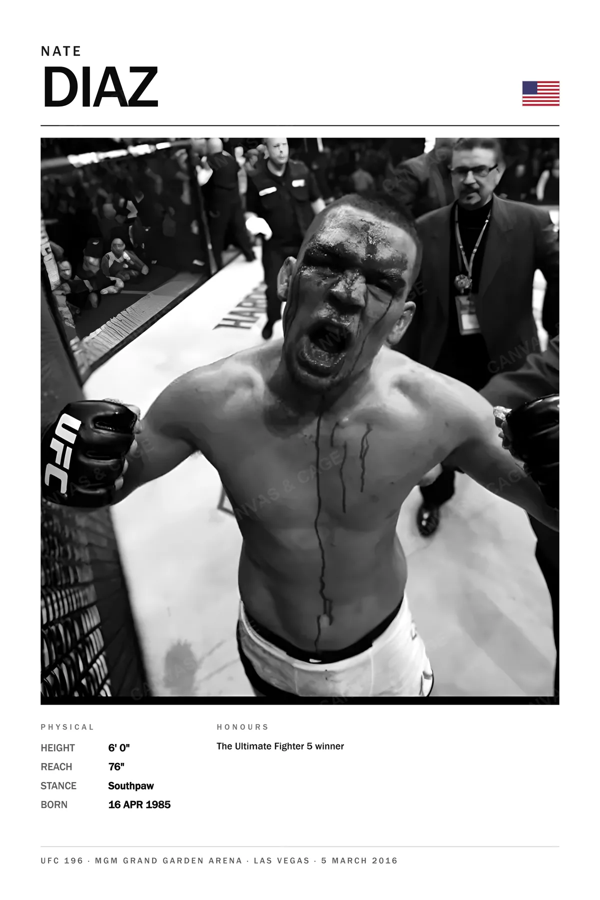 Nate Diaz — Bloodied and roaring, arms spread wide, UFC 196