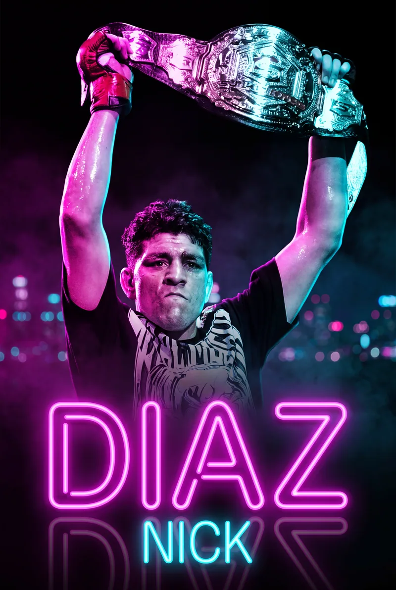 Nick Diaz — Hands low, red gloves, lit in magenta and cyan