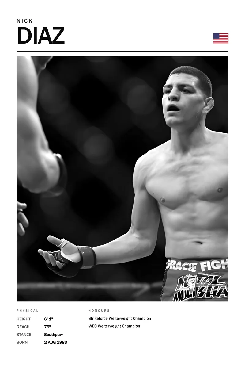 Nick Diaz — Hands down, palm open, mouth running mid-round