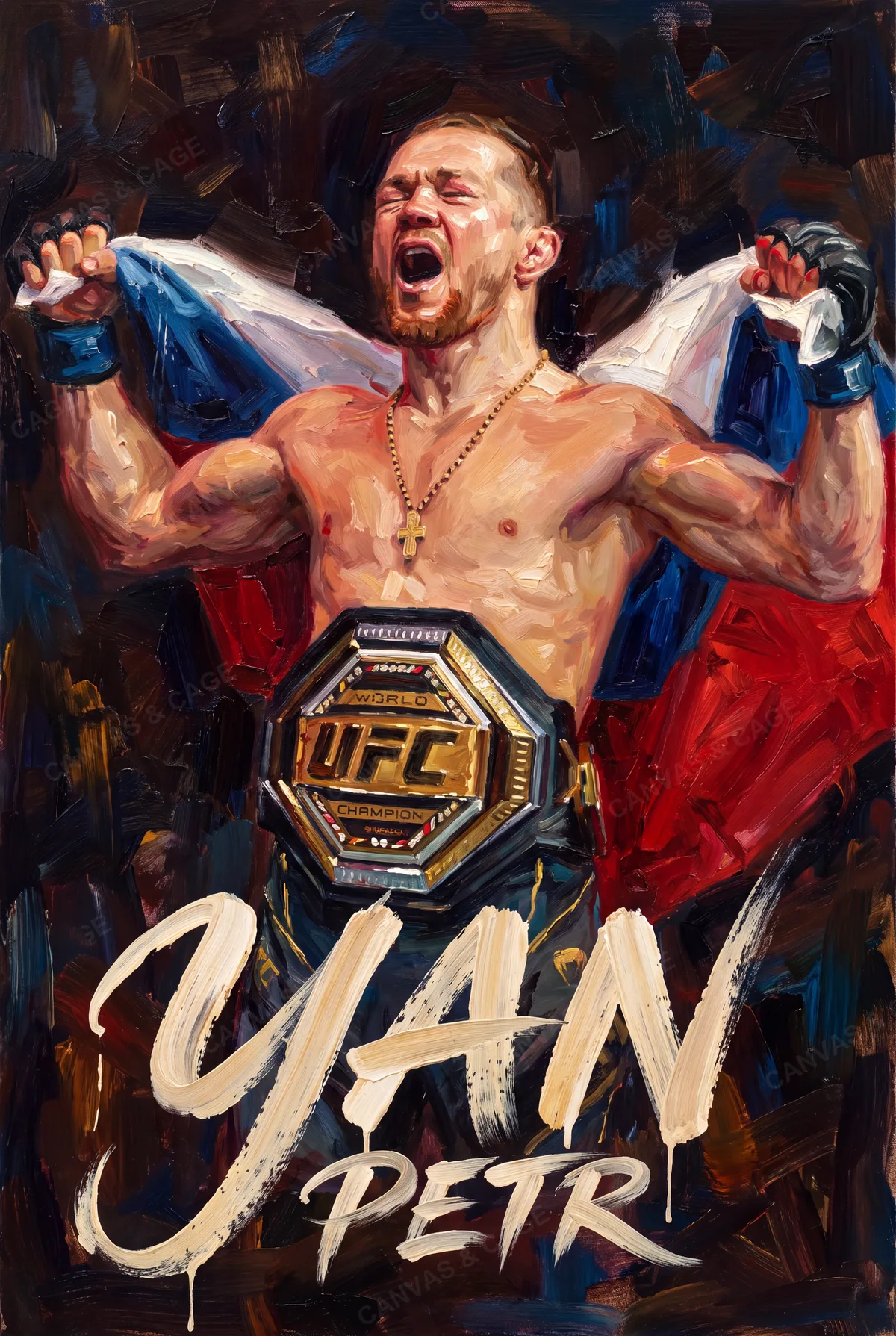 Petr Yan — Painted with the belt on and the flag held wide