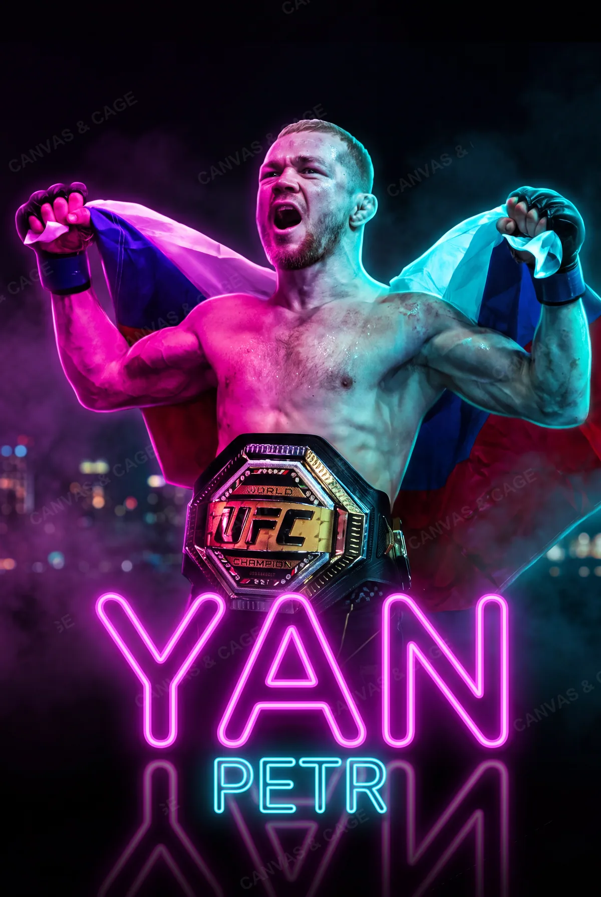 Petr Yan — Flag stretched behind him, belt on, roaring in neon