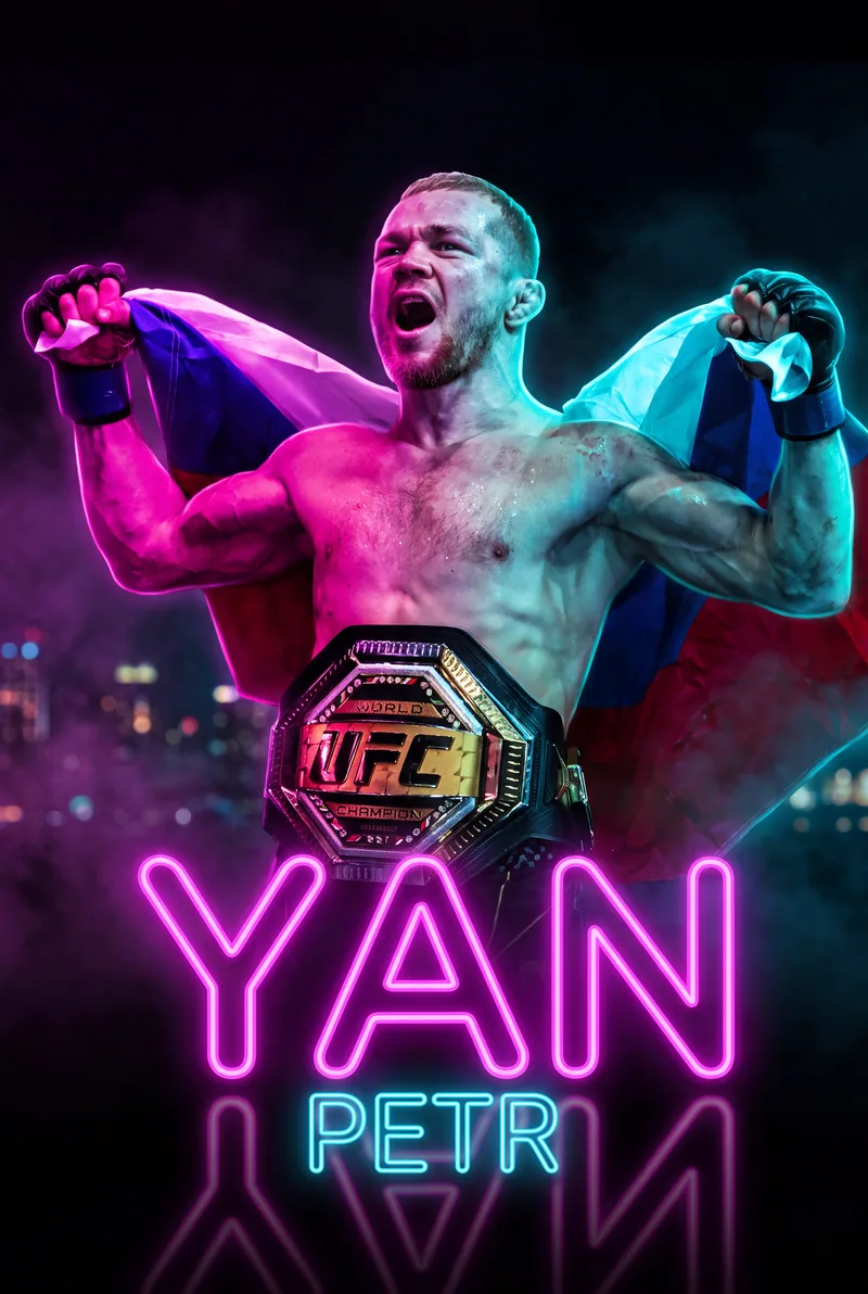 Petr Yan — Flag stretched behind him, belt on, roaring in neon
