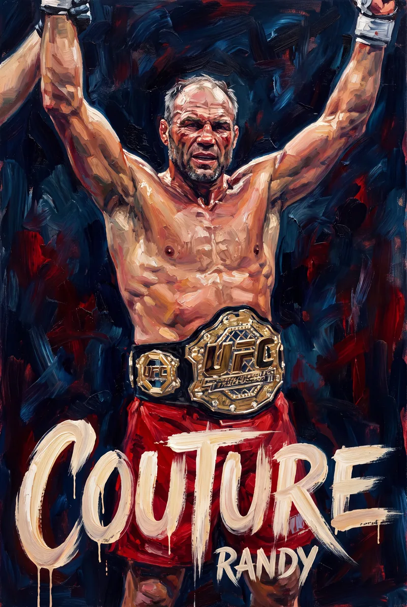 Randy Couture — Both arms up, the belt on, face still marked up