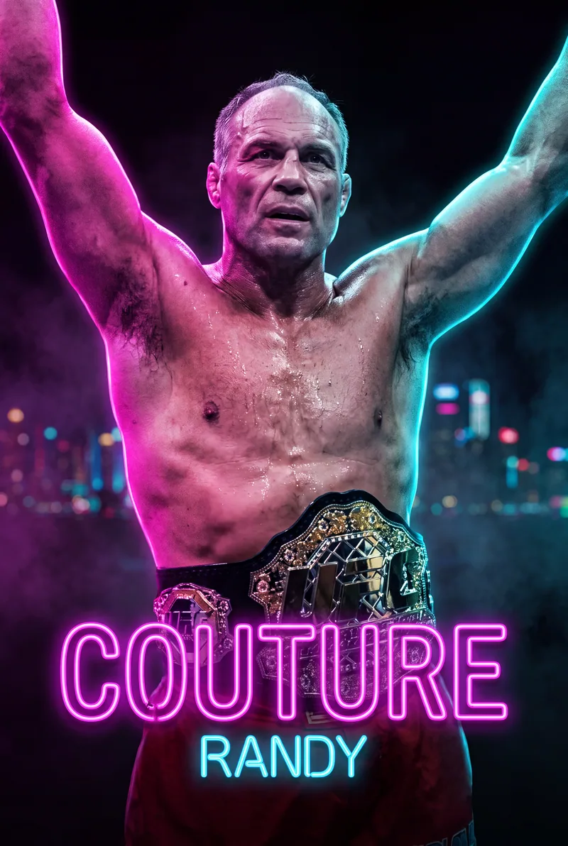 Randy Couture — Arms thrown up over the belt, city lights behind