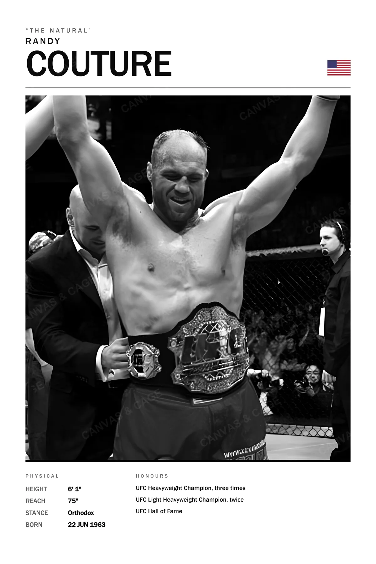 Randy Couture — Arms raised while they buckle the belt on