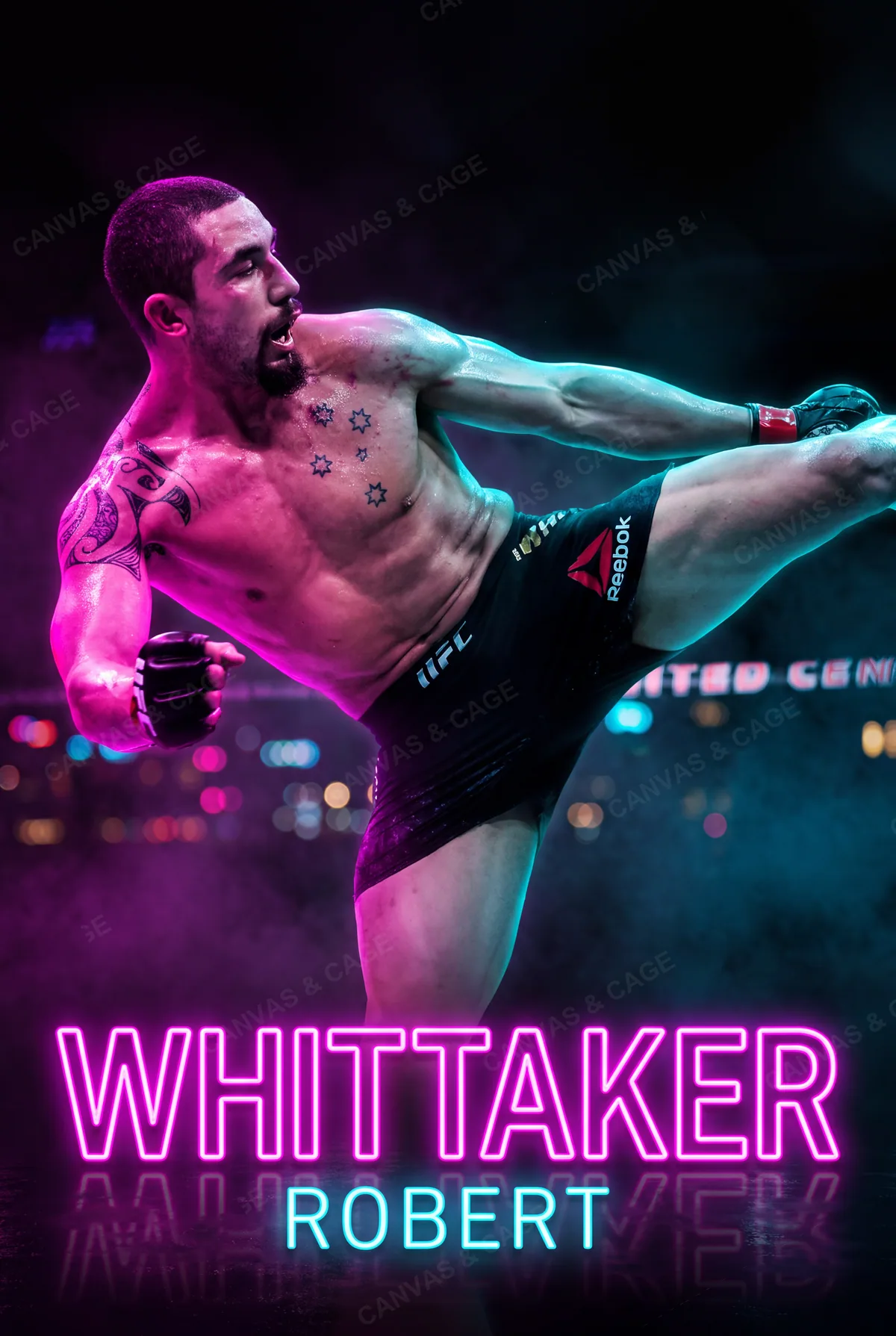 Robert Whittaker — Mid-kick under the neon, leg locked out straight